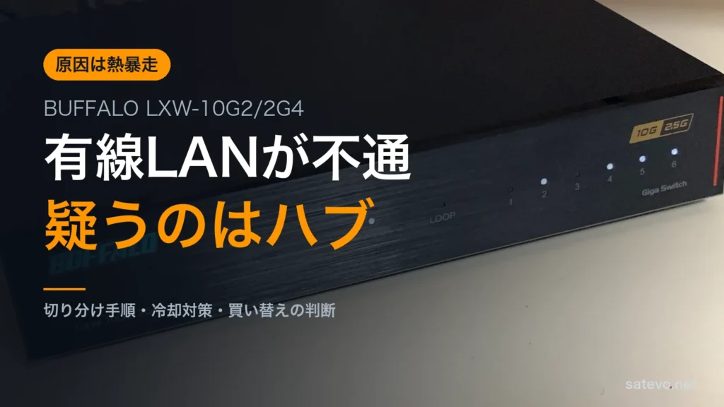 BUFFALO LXW-10G2-2G4の実機写真に有線LANが不通という文字を載せたアイキャッチ
