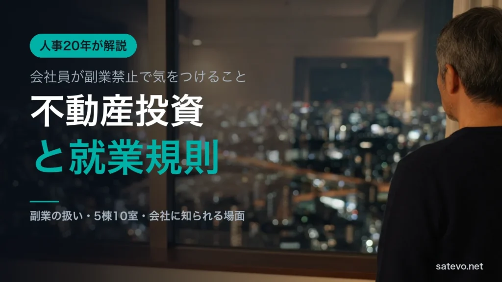 高層階の窓から夜の街を見下ろす構図。会社員が不動産投資を検討するイメージ