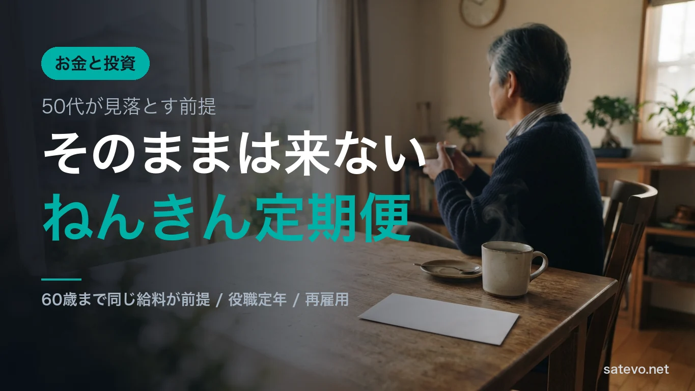 朝のダイニングで郵便物を前にコーヒーを飲む50代男性。ねんきん定期便の見方を解説する記事のアイキャッチ画像