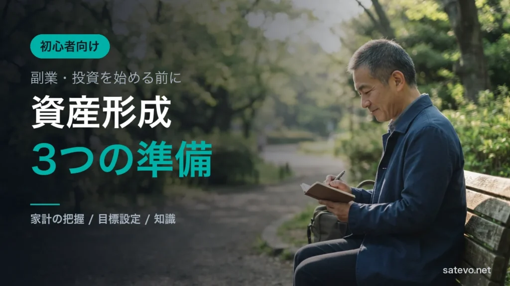 朝の公園のベンチでノートを開く50代の男性。資産形成の準備を始める様子