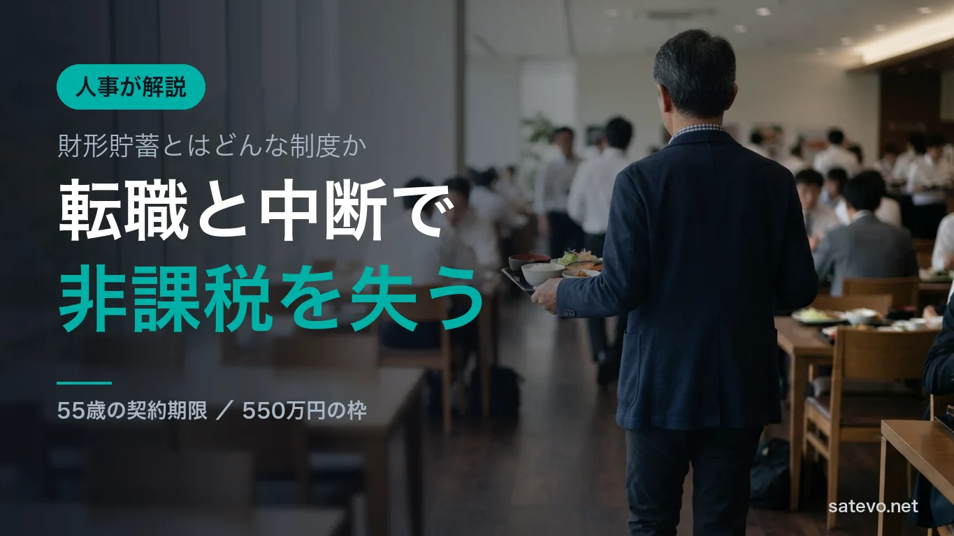 社員食堂でトレーを持って歩く会社員の後ろ姿。財形貯蓄と転職を考えるイメージ
