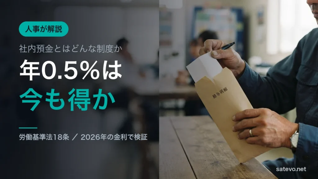 休憩スペースで給与明細の封筒を開ける手元。社内預金の利率を確かめる様子