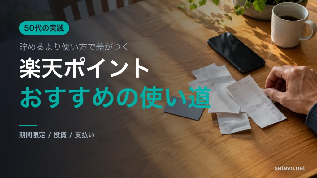 日の差すダイニングテーブルにレシートとカードとスマートフォンを広げた俯瞰。ポイントの使い道を見直す場面