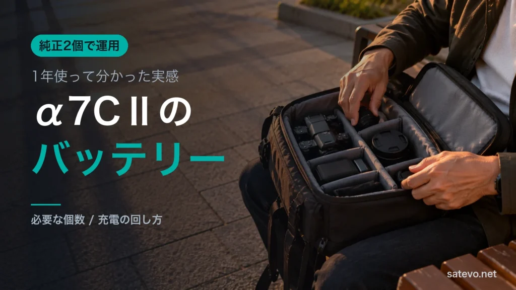 夕方のベンチでカメラバッグの仕切りの中を確認する手元。予備バッテリーの持ち出しを準備する場面