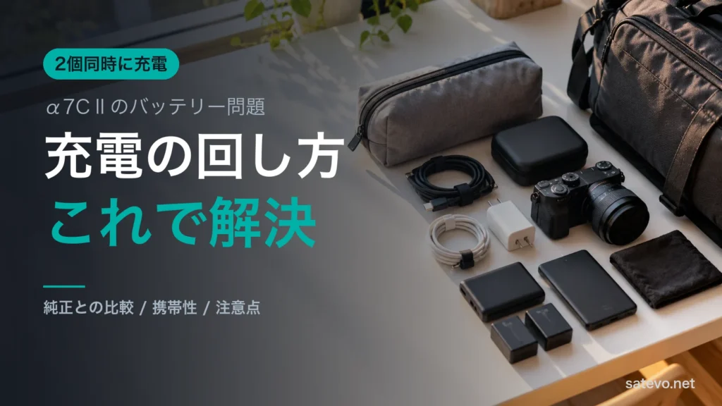 窓辺のテーブルに並べた撮影の持ち物。ケーブルや予備バッテリーを旅支度でまとめる場面