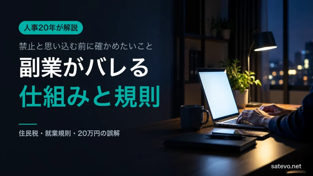 夜のデスクでノートパソコンに向かう手元。副業の規則を調べる様子