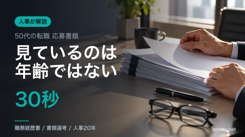 机に積まれた応募書類と眼鏡。50代の転職で書類が選考される様子